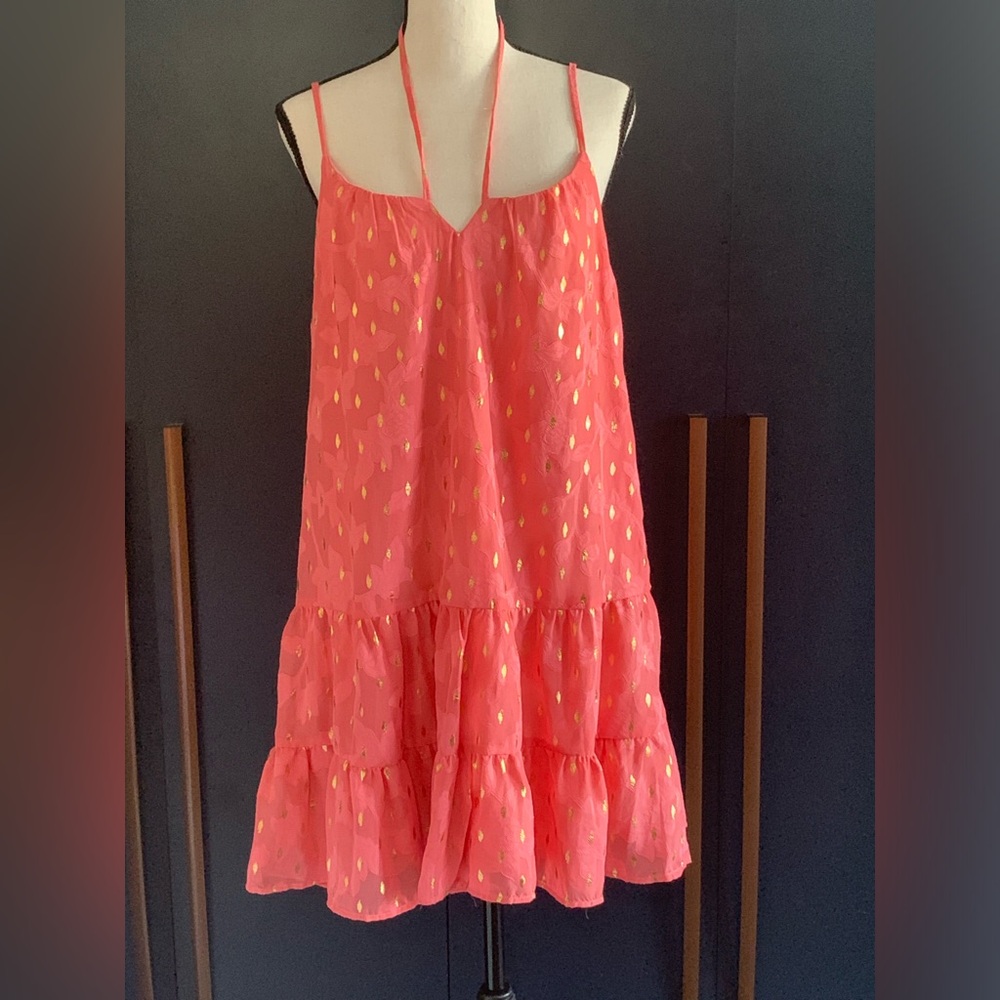 Coral dress with gold thread pattern.